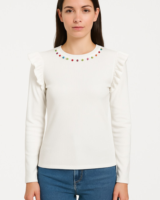 Γυναικεία μπλούζα με βολάν και πολύχρωμα στρας